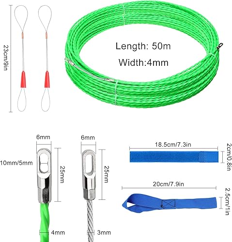 Kabeleinziehhilfe 50m, Einziehspirale Zugdraht mit 2 Führungsfeder, Einziehband φ4 mm, Kabeleinzug Einziehhilfen in Ideales Einzugsband zur Kabelverlegung Leerrohre, Grün - Cheap-Us