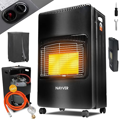 NAYVER® 4200 Watt Heizstrahler - Gasofen/Keramik Gasheizer inkl. Gasdruckregler Gasschlauch/Infrarot Keramikbrenner/Gasheizer Butan- oder Propangasflaschen bis 15kg (Schwarz) (Schwarz) - Cheap-Us