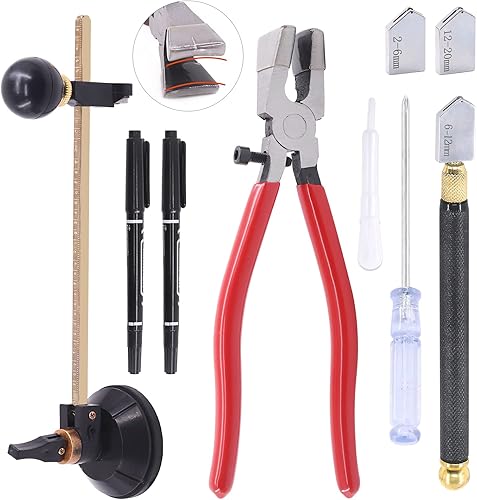Swpeet 11-teiliges Glasschneider-Werkzeug-Set, gebogene Backen, Glaslaufzange mit Gummispitzen, Bleistift, Ölzufuhr, runder Glasschneider, 2 Klingen mit Öl-Tropfer und Schraubendreher - Cheap-Us