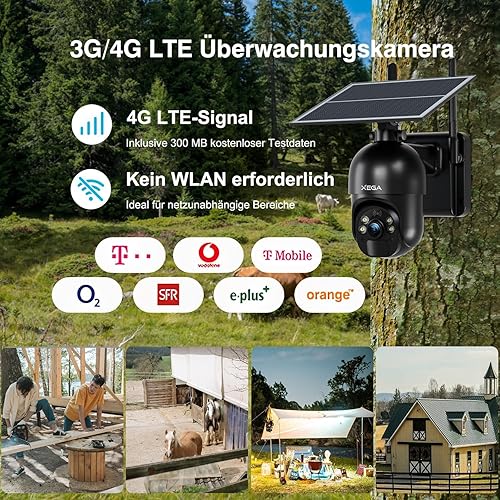 Xega 3G/4G LTE Überwachungskamera Aussen mit SIM Karte Kabellos Solar PTZ IP Kamera Outdoor mit 2K Farb-Nachtsicht 355°/95° Schwenkbar TF-Kartenslot PIR Erkennung 2-Wege-Audio IP66 Wasserdicht - Cheap-Us
