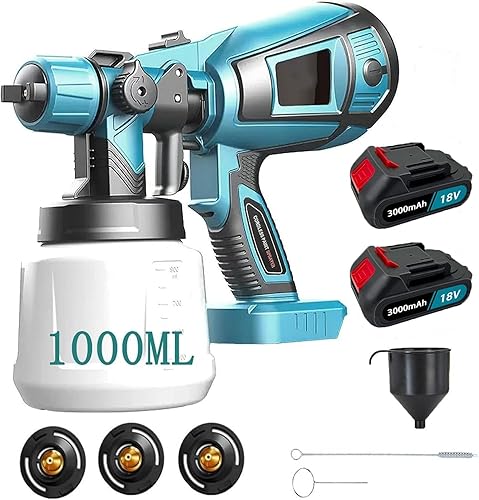 Akku Farbsprühsystem, Ersatz für Makita，mit 2x5500mAh Batterie, Lackierpistole zum Streichen von Wänden, Decken, Möbel, Gartenzaun, Sprühgerät 1000ml Abnehmbarer Behälter, Hohe Leistung - Cheap-Us