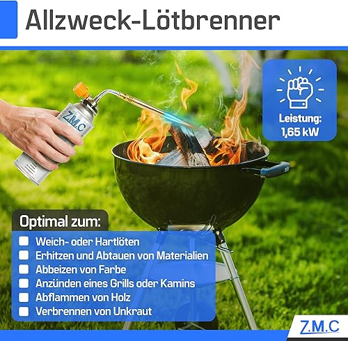 Z.M.C ALLZWECKBRENNER Gasbrenner 1,65 kW + 4x Gaskartuschen 227g, Lötbrenner bis zu 1371 °C, Schweißbrenner Bunsenbrenner mit einstellbarer Flamme, Abflammgerät Lötlampe ideal für Werkstatt - Cheap-Us