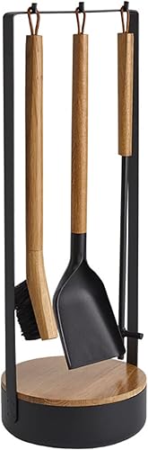 Morsø Adrian Kaminbesteck - das Original, hochwertige Designer-Kamingarnitur, 4-teiliges Kamin Set mit Schaufel, Besen und Feuerhaken & Ständer, schwarz/Holz natur - Cheap-Us