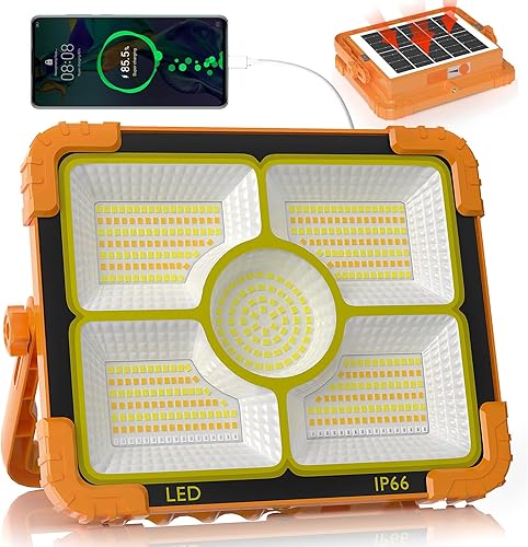 100W Baustrahler Akku Solar Arbeitsleuchte, 466 LED 5 Modi, 12000mAh Akku Arbeitsleuchte USB-wiederaufladbar, IP66 wasserdicht Campinglampe Tragbar im Freien für Notfälle, Baustelle, Camping, Garage - Cheap-Us