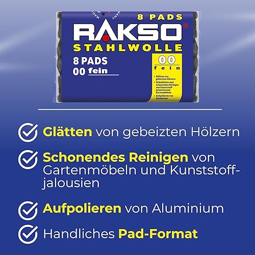 RAKSO Stahlwolle fein 00-8 Pads, glättet Hölzer, Reinigung Kunststoffjalousien, Gartenmöbel, Aluminium aufpolieren - Cheap-Us