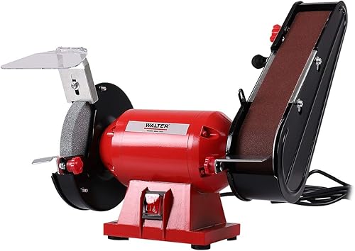WALTER Kombischleifer 240 W, 230 V, Schleifbock, Funkenschutz, inkl. Schleifband & Schleifscheibe, sehr kraftvoll, Leerlaufdrehzahl 2950 min-1, an der Arbeitsfläche fixierbar, justierbarer Bandlauf - Cheap-Us