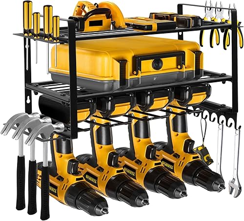 Votoko Werkzeugspeicher Wandhalterung für 4 Elektrowerkzeug, 3 Ebenen Hochleistungs Metall Werkzeugregal mit Schraubendreher-Gestell für Garage & Werkstatt - Cheap-Us
