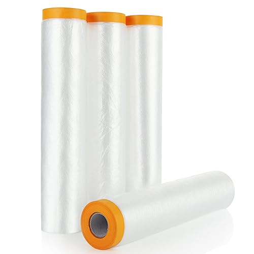 MUXHEL 4 Rollen 240cm x 20m Abdeckfolie mit Klebeband, Transparent Malerfolie mit Gewebeklebeband, Plastikstaubfolien mit Folie für Malerarbeiten Möbelabdeckungen - Cheap-Us