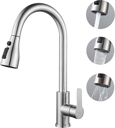 BELZ Wasserhahn Küche Ausziehbar, Hochdruck Küchenarmatur mit Herausziehbarer Brause, Mischbatterie Spültischarmatur, 360° Schwenkbar, 3 Sprühfunktionen, Edelstahl - Cheap-Us