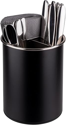 APS 11748 Besteckbehälter, drehbar, Ø 13 cm, Höhe 16,5 cm, möbelschonende Unterseite, herausnehmbarer Einteiler (3 Fächer), Edelstahl, schwarz - Cheap-Us