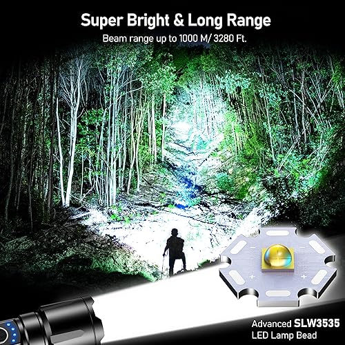 Blukar Taschenlampe LED Aufladbar, 500000 Lumen Extrem Hell Zoombare Taktische Taschenlampen Starke mit 5 Lichtmodi, IP67 Wasserdichte Flashlight Torch für Camping, Wandern, Outdoor, Angeln, Notfäll - Cheap-Us