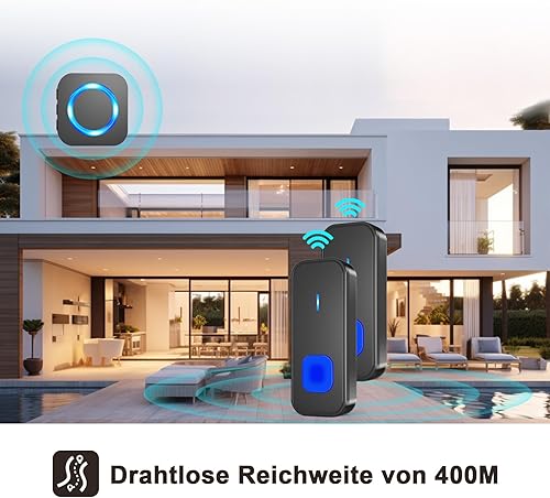 SURFOU Funkklingel, Türklingel Funk Klingel Kabellos mit Plug-in-Empfänger 400m Reichweite mit Aussen Wasserdicht, Haustürklingel mit Batterie, 55 Klingeltönen 5 Lautstärken, Blinkende LED, Schwarz - Cheap-Us
