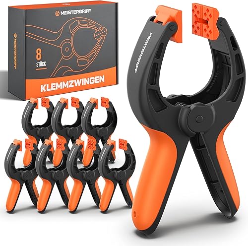 MEISTERGRIFF® Klemmzwingen [8er Set] aus bruchfestem Nylon - Federklemmen für Leimen, Pool, Fotografie - Federzwinge mit hoher Spannkraft & Spannweite - Leimzwingen - Cheap-Us