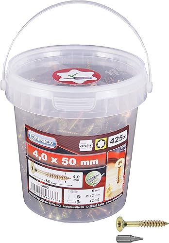 Connex Universalschrauben 4,0 x 50 mm - 425 Stück im Set - Senkkopf - TX-Antrieb - Teilgewinde - Gelb verzinkt - Inkl. Bit / Schrauben-Set / Schrauben-Eimer / B30082 - Cheap-Us
