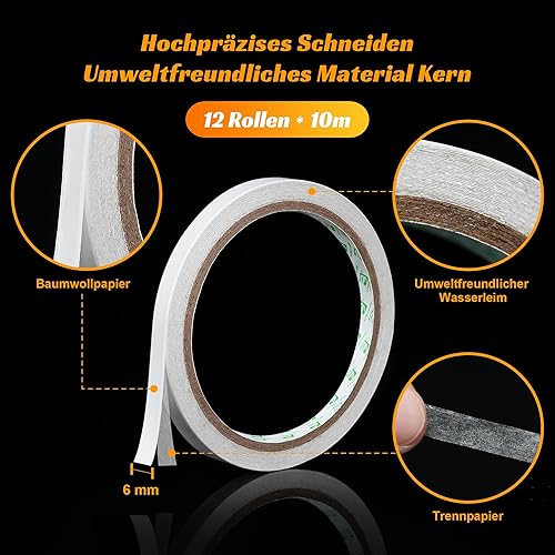 SANLI TAPE Doppelseitiges Klebeband Dünn 12 Rollen Selbstklebendes Klebeband zum Basteln, Nähen, Sammelalbum, Handarbeit, Tapeten, Kartenherstellung, Geschenkverpackung, 6 mm * 10 Meter - Cheap-Us