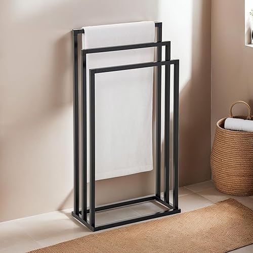 Handtuchhalter KUNO, schwarz lackiert - freistehender Badetuchhalter mit 3 Stangen, Handtuchständer aus Metall - Cheap-Us