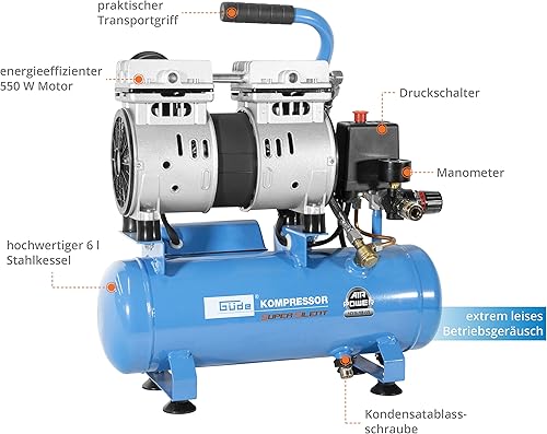Güde Kompressor Airpower 105/8/6 SILENT (ölfrei, flüsterleise, nur 59 dB(A), max. 8 bar, 550 W, 6 l Kessel, Liefermenge 94 l/min, Druckminderer, Manometer, Sicherheitsventil & Wasserablassschraube) - Cheap-Us
