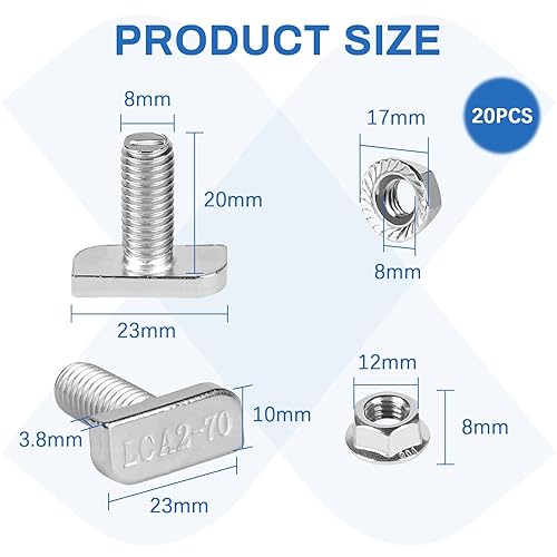 EXLECO 20 x Hammerkopfschrauben M8x20mm Edelstahl Hammerkopf Schraube T Nut Bolzen mit Kunststoffbox Edelstahlschraube Befestigung mit Flanschmuttern für T Nut Schiene Gewächshaus Profilschienen - Cheap-Us