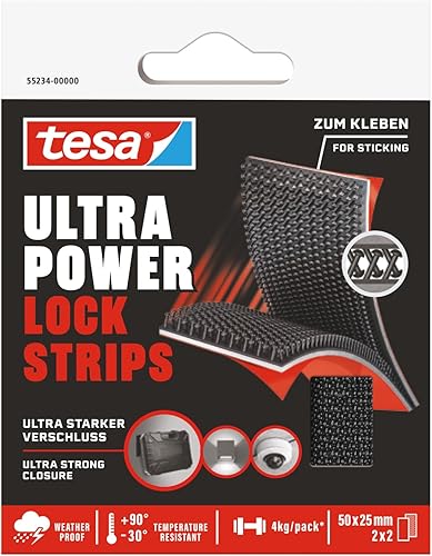 tesa Ultra Power Lock Strips - selbstklebende Klettband-Streifen mit extrem starkem Klettverschluss - wetterfest, UV- und temperaturbeständig - Klebeband für innen- und außen - 4 Stück - 50 x 25 mm - Cheap-Us