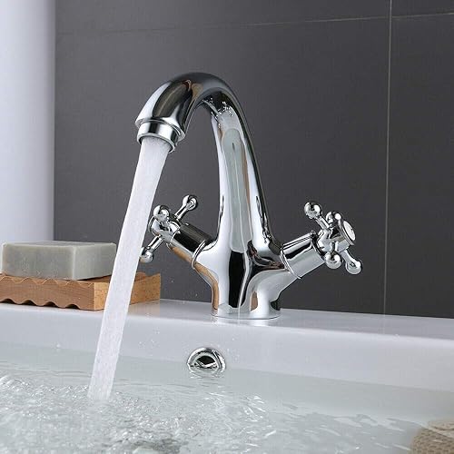 Retro Bad Waschbecken Armatur Nostalgie Mischbatterie mit Kreuzgriffen in Chrom - Cheap-Us