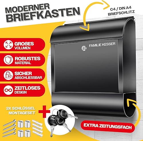 KESSER® XXL Briefkasten Edelstahl mit Zeitungsfach, gebürstet, 3X Schlüssel abschließbar, Pulverbeschichtet, Wandmontage, groß Front-Einwurf: DIN C4 = DIN A4, inkl. Montagematerial, Schwarz - Cheap-Us