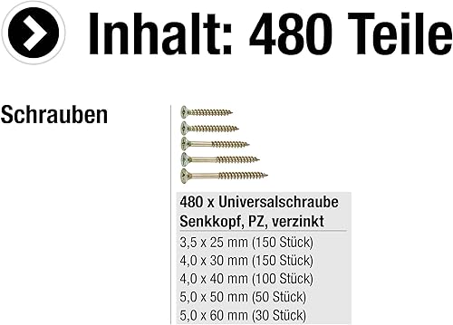 Connex Universalschrauben-Sortiment 480-teilig - Diverse Größen in Stapelbox - Senkkopf - PZ Pozidriv-Antrieb - Voll- & Teilgewinde - Gelb verzinkt / Schrauben-Set / Schrauben-Box / B30304 - Cheap-Us