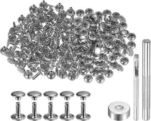 QUARKZMAN 100 Sets Ledernieten, 10 x 9 mm, Metall, Doppelkappe, Nieten, Druckknöpfe, Nieten, Verschlüsse mit 3 Setzwerkzeugen, Nieten für Lederhandwerk, DIY, Reparatur, Dekoration, Silberton - Cheap-Us
