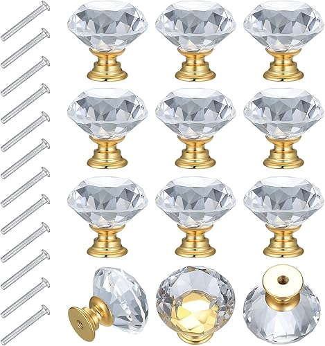 Bateya 12 Stück Kristall Türknauf Schubladenknöpfe, Kristall Tür- und Schubladenknöpfe aus Glas mit Schrauben für Kleiderschrank klarer Knopf (goldener Sockel) - Cheap-Us