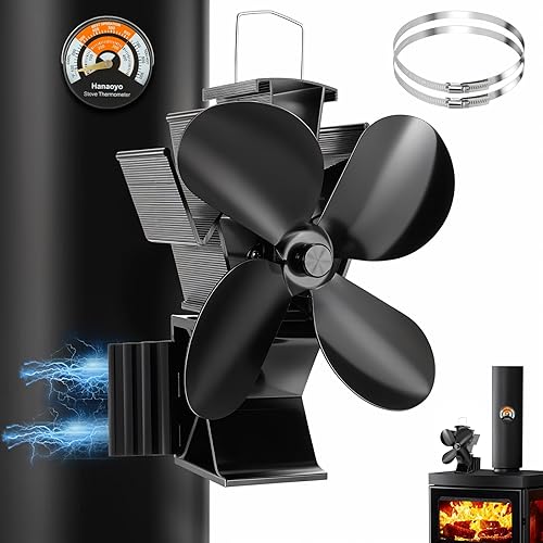Hanaoyo 3 in 1 Kaminventilator Magnetisch, Verbessert Ofenventilator Ohne Strom, Leiser Kamin Ventilator Mit Thermometer and 2 Ersatzring, Kaminlüfter für Holz/Brennholz/Feuerstelle/Ofenrohr - Cheap-Us