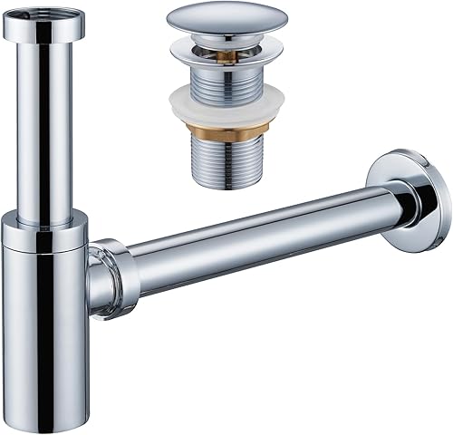 Ulytid Siphon mit Ablaufgarnitur Waschbecken ohne Überlauf, Universal Röhrensiphon und Abfluss Stöpsel Pop Up Ablaufventil, Edelstahl Syphon Sifon Abflussgarnitur Waschtisch Badezimmer, Schwarz Matt - Cheap-Us
