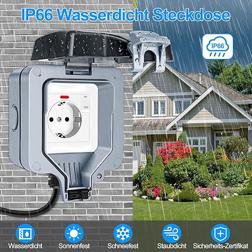 Außensteckdose Steckdose IP66 Wasserdicht Steckdose mit Schalter Kontrollleuchte, Wandsteckdose Feuchtraum Aufputz Schutzkontakt Gartensteckdose Staubdicht Wetterfest Outdoor Steckdose mit Klappdeckel - Cheap-Us