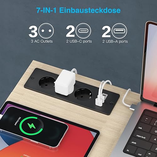Tischplatte Steckdose mit USB C, 3 Fach Einbausteckdose mit 2m Kabel, Tischsteckdose Steckdosenleiste Mehrfachsteckdose für Konferenztisch, Arbeitsplatte, Sofatisch - Cheap-Us