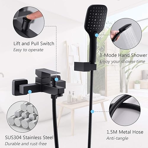 Schwarz Badewanne Wasserhahn,Badewannenarmatur mit Handbrause Wandmontage Badewannenhahn für Badezimmer Bad SHANFO TB01E - Cheap-Us