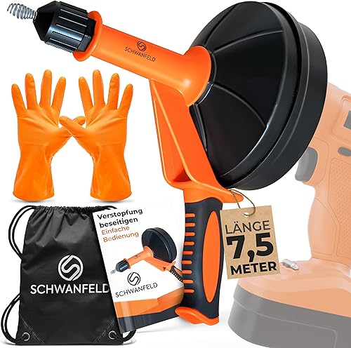 Schwanfeld® [7,5 m] Rohrreinigungsspirale [EINFACHE ANWENDUNG FÜR JEDERMANN] - inkl. wasserfeste Handschuhe - hochwertige Abflussspirale - Spirale Abfluss Rohrreinigung - Abflussreiniger Spirale - Cheap-Us