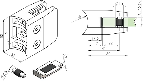 Sellon24® Glasklemme MOD26 52x52 mm Glashalter Glass Clamp Edelstahl flach Gummi 8,00-12,76mm (MOD 26 flach Gummi 12,76 mm) - Cheap-Us
