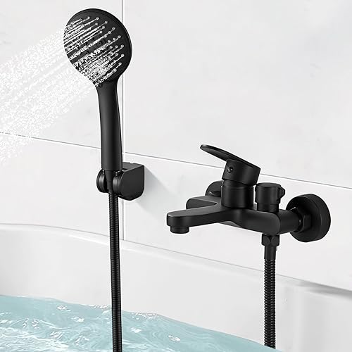 Badewannenarmatur Schwarz Wannenarmatur mit Handbrause Mischbatterie Badewanne mit Brause, Aufputz Wasserhahn Badewanne, 150mm Wandmontage Armatur Badewanne mit Duschkopf 3 Funktionen Schwarz Matt - Cheap-Us