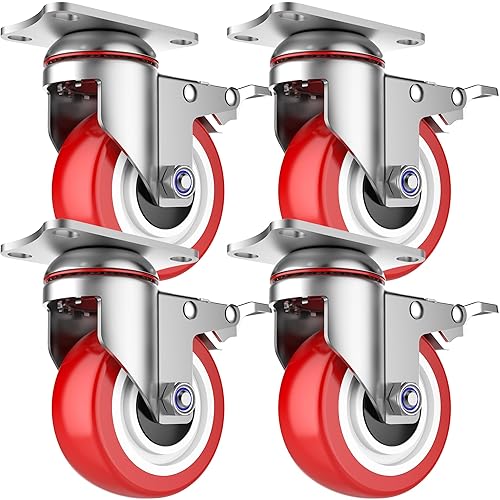 Deutnart 100mm Transportrollen mit Bremse, Extra Schwerlastrollen 700kg Tragfähigkeit, Langlebige Schmutzabweisende Lenkrollen (3. Generation, Verbesserter Premium Stahl, Solides Rad), 4er Pack, Rot - Cheap-Us