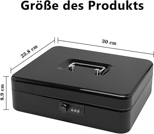 Geldkassette aus Stahl mit Zahlenschloss, kleine Geldkassette aus Metall mit abnehmbarem Geldfach, Geldkassette mit abschließbarem Deckel (Schwarz, 30 * 24 * 9 CM) - Cheap-Us