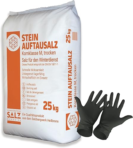 25 kg Stein Auftausalz (1 x 25 kg) Streumittel Streusalz KL-M Schnee Winter Eis Frost Premium inklusiv 1 Paar ARNOMED Einweghandschuh - Cheap-Us