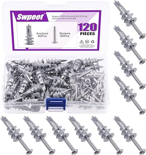Swpeet 120Pcs Heavy Duty Zink selbstbohrende Trockenbau-Anker mit #8 x 1-1/4'' Schrauben Kit, keine Vorbohrung Loch Vorbereitung erforderlich - selbstschneidende Trockenbau-Anker - Cheap-Us