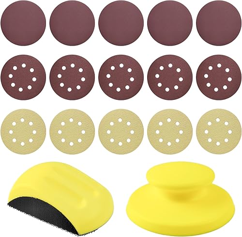 2 Stück Schleifklotz Klett Set, 125 mm Handschleifblock mit Rundes Sandpapier 80/100/120/150/180 Körnung, für DIY Holzbearbeitung, Möbelrestaurierung, Automobilkarosserie (1) - Cheap-Us