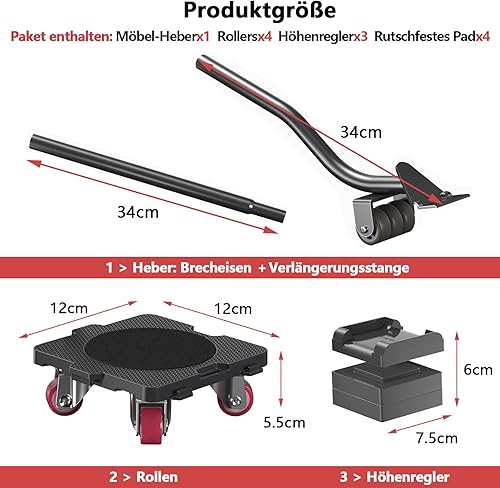 ONEON Möbel Transportroller Set, Stück Möbel Gleitsystem mit Lastenheber,Möbeltransport Set mit Möbelroller,360 Grad drehbar Rads,Umzugshelfer möbeltransportrollen (Rotes Rad) - Cheap-Us