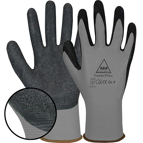 10 Paar Hase Superflex Arbeitshandschuhe mit Latexbeschichtung, Rutschfeste Gartenhandschuhe, Angenehmer, Ideal für Handwerk, Gartenarbeiten, Industrie Grau Gr. M (08) - Cheap-Us