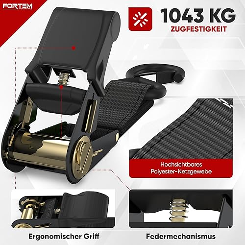 FORTEM Spanngurte, 1043 kg Bruchfestigkeit, 4 x 4,57 m Spanngurte mit Ratsche - 4 Weiche Zurrschlaufen, Zurrgurte Spanngurte mit Haken aus Beschichtetem Metall - Gummigriffe - Tasche (Grau) - Cheap-Us