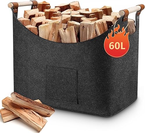 yuejuhe XL Holzkorb für Kaminholz, 60L Brennholzkorb Filzkorb als Extradickem, Faltbarer Kaminholztasche mit Griff für Holz Transport und Aufbewahrung (Dunkelgrau) - Cheap-Us