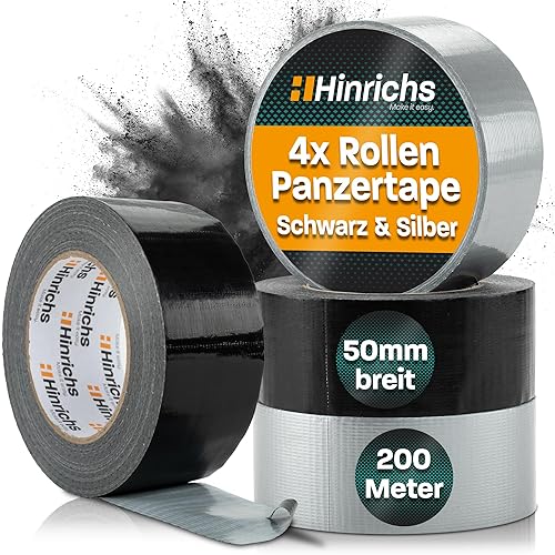 Hinrichs Panzertape silber/schwarz - 4 Rollen 50m x 50mm Gewebeband - extra starkes Klebeband - wasserdichtes Panzerband - breites Gewebeklebeband schwarz/grau - Duct Tape für Innen und Außen - Cheap-Us