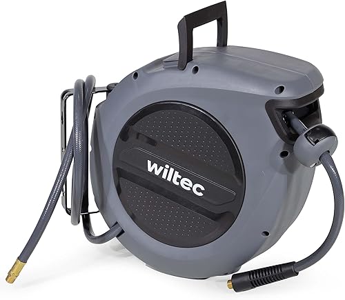 Wiltec Druckluft Schlauchtrommel 15 m, automatische Druckluftschlauchtrommel Stahl, 17 bar Drucklufttrommel, Schlauchaufroller mit 180° Halterung - Cheap-Us