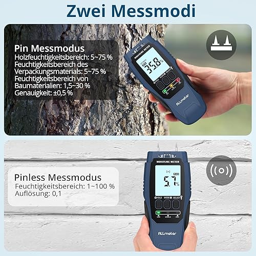 ALLmeter Feuchtigkeitsmessgerät Wand 2-in-1 (Pin/Pinless) mit LCD-Display, Tonalarm und 4 Messmodi Holzfeuchtemessgerät für Baustoffe, Wände, Holz, Metall, Mauerwerk, Trockenbau, Boden und DIY - Cheap-Us
