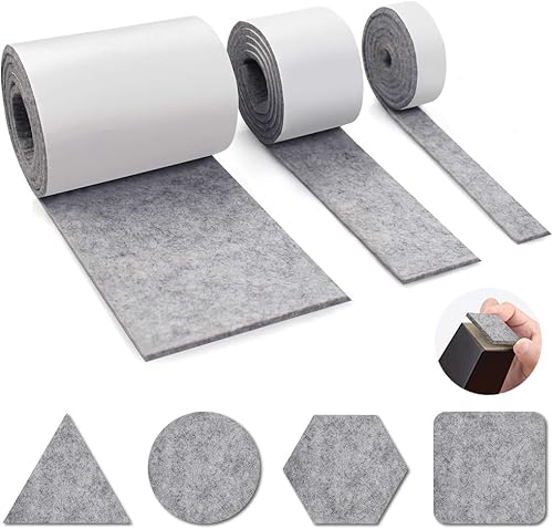 Auckpure selbstklebende Filzgleiter, 3 Rollen selbstklebender Filz für Möbel 100 cm x 10 cm, 100 cm x 5 cm, 100 cm x 2 cm, beliebige Form zuschneidbar, Filzunterlage für Stühle, Bodenschutz, Grau - Cheap-Us
