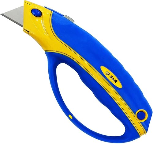 S&R Schnellwechsel Profi Teppichmesser/Cuttermesser 170mm, gummierter Ergo-Griff mit Handschutz, SK5 Klinge 3-stufig, Wechsel per Knopfdruck, mit 2 Ersatz Klingen - Cheap-Us